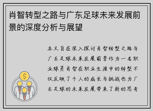 肖智转型之路与广东足球未来发展前景的深度分析与展望