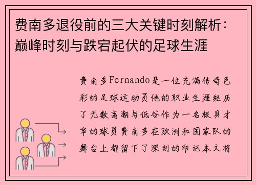 费南多退役前的三大关键时刻解析：巅峰时刻与跌宕起伏的足球生涯