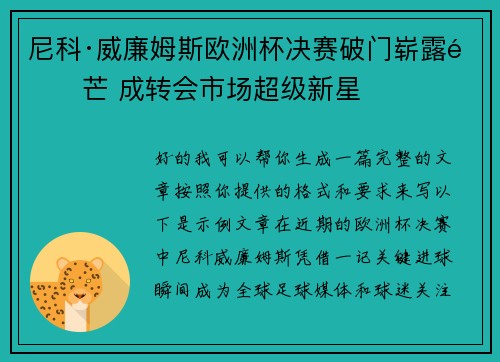 尼科·威廉姆斯欧洲杯决赛破门崭露锋芒 成转会市场超级新星 尼科·威廉姆斯欧洲杯决赛破门崭露锋芒 成转会市场超级新星