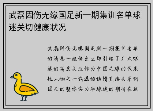 武磊因伤无缘国足新一期集训名单球迷关切健康状况 武磊因伤无缘国足新一期集训名单球迷关切健康状况